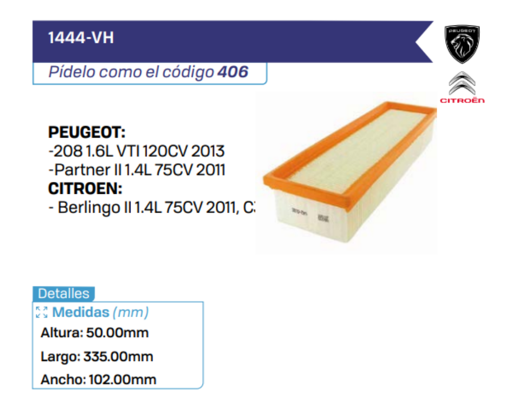 1444-VH Filtros de Aire PEUGEOT - CITROEN
