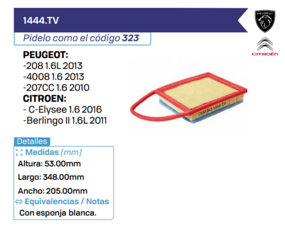 1444.TV Filtros de Aire PEUGEOT - CITROEN