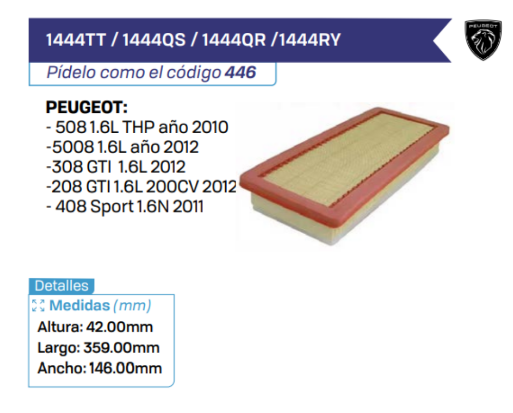 1444TT _ 1444QS _ 1444QR _1444RY Filtros de Aire PEUGEOT