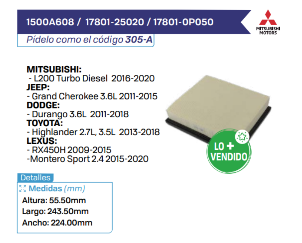 1500A608 _ 17801-25020 _ 17801-0P050 Filtros de Aire MITSUBISHI - JEEP - DODGE - TOYOTA - LEXUS