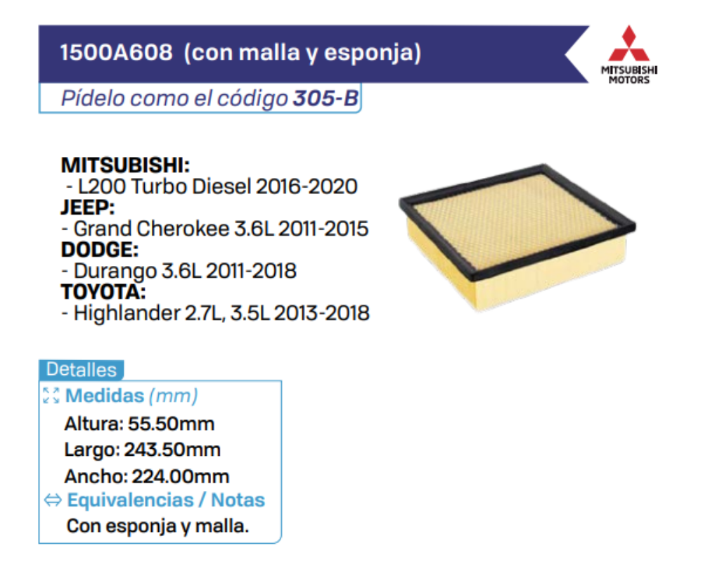 1500A608 (con malla y esponja) Filtros de Aire MITSUBISHI - JEEP - DODGE - TOYOTA