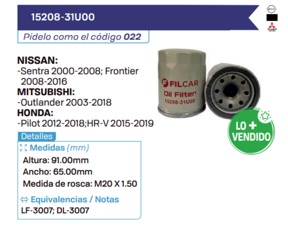 15208-31U00 Filtros de aceite NISSAN - MITSUBISHI - HONDA