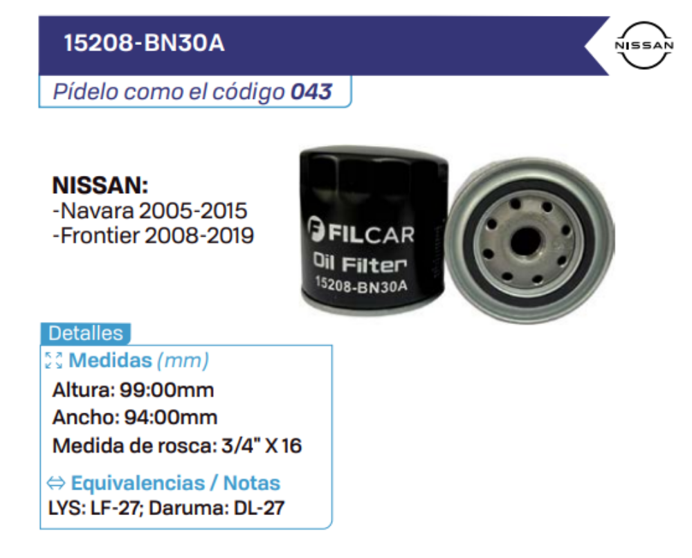 15208-BN30A Filtros de aceite NISSAN