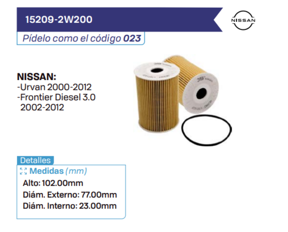 15209-2W200 Filtros de aceite NISSAN