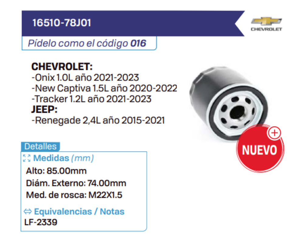 16510-78J01 Filtros de aceite CHEVROLET - JEEP