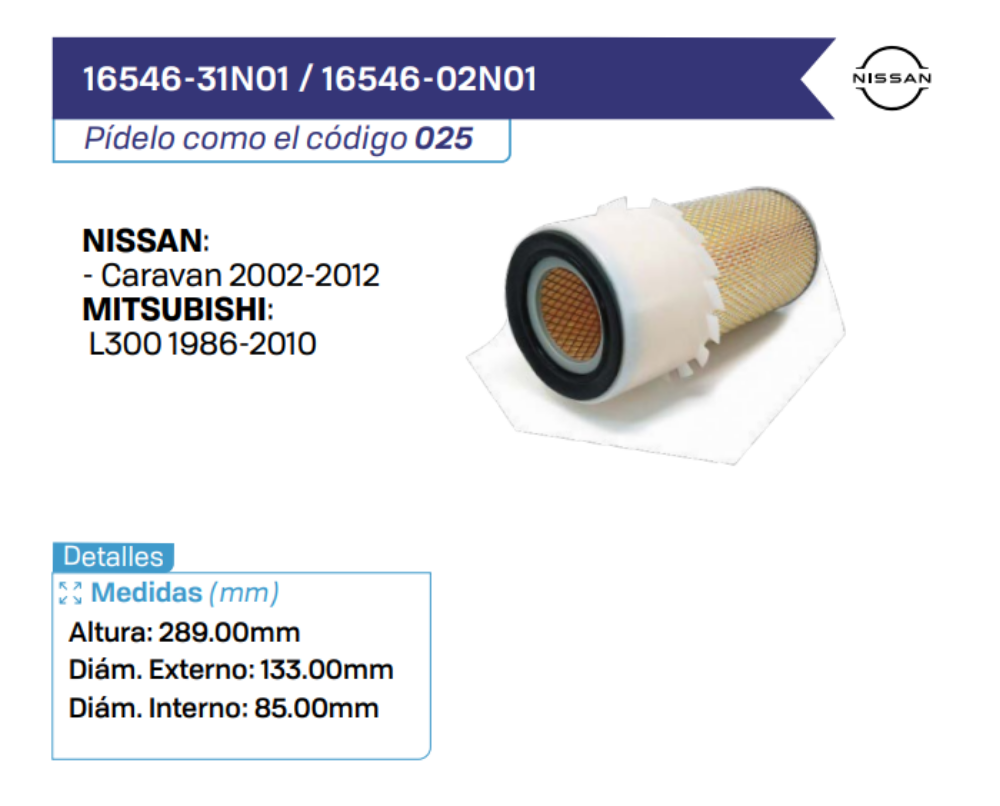 16546-31N01 _ 16546-02N01 Filtros de aire NISSAN - MITSUBISHI