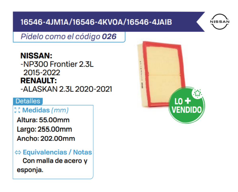 16546-4JM1A_16546-4KVOA_16546-4JAIB Filtros de aire NISSAN - RENAULT