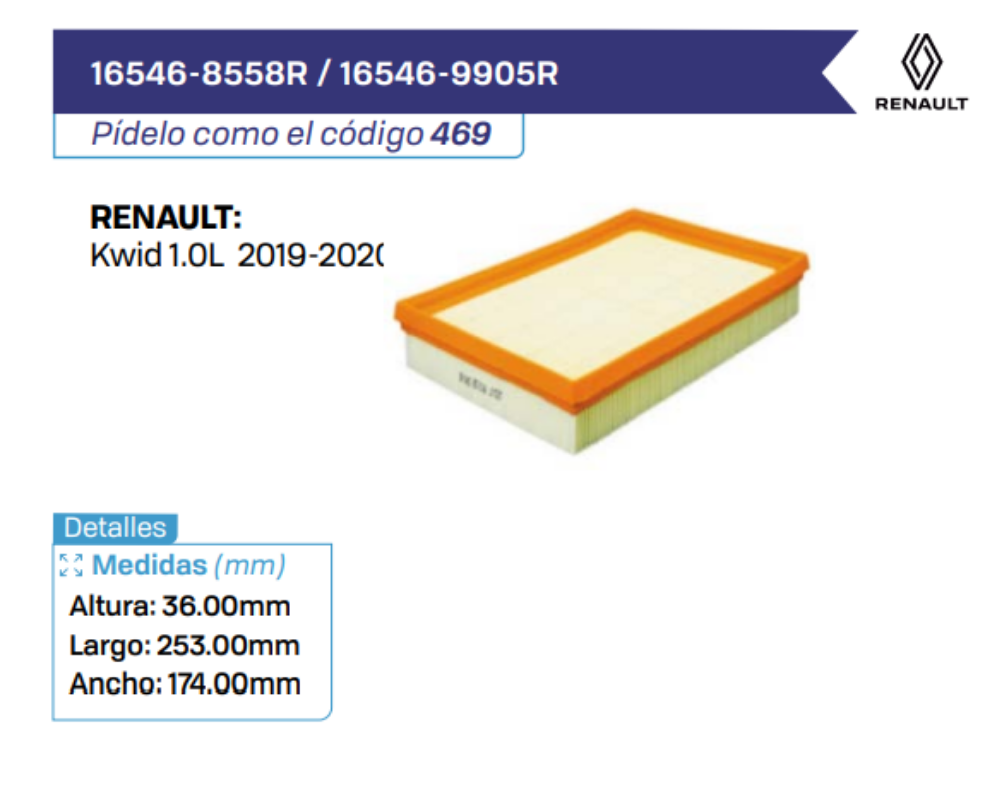 16546-8558R _ 16546-9905R Filtros de Aire RENAULT