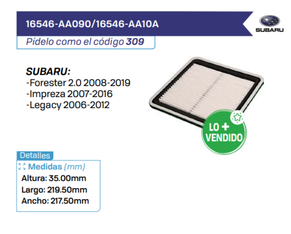 16546-AA090_16546-AA10A Filtros de Aire SUBARU