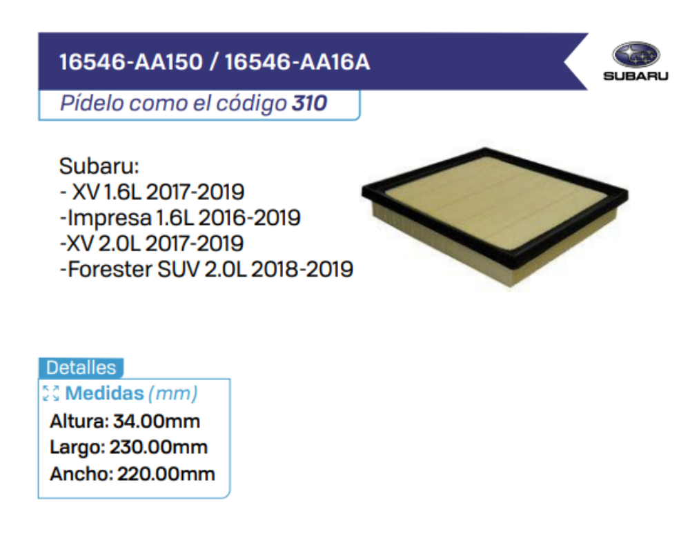 16546-AA150 _ 16546-AA16A Filtros de Aire SUBARU