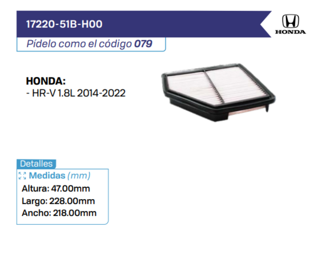 17220-51B-H00 Filtros de Aire HONDA