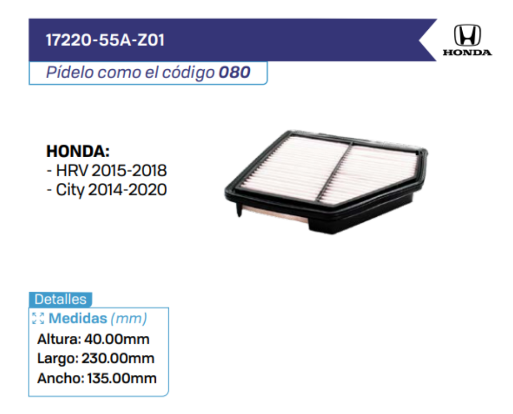 17220-55A-Z01 Filtros de Aire HONDA