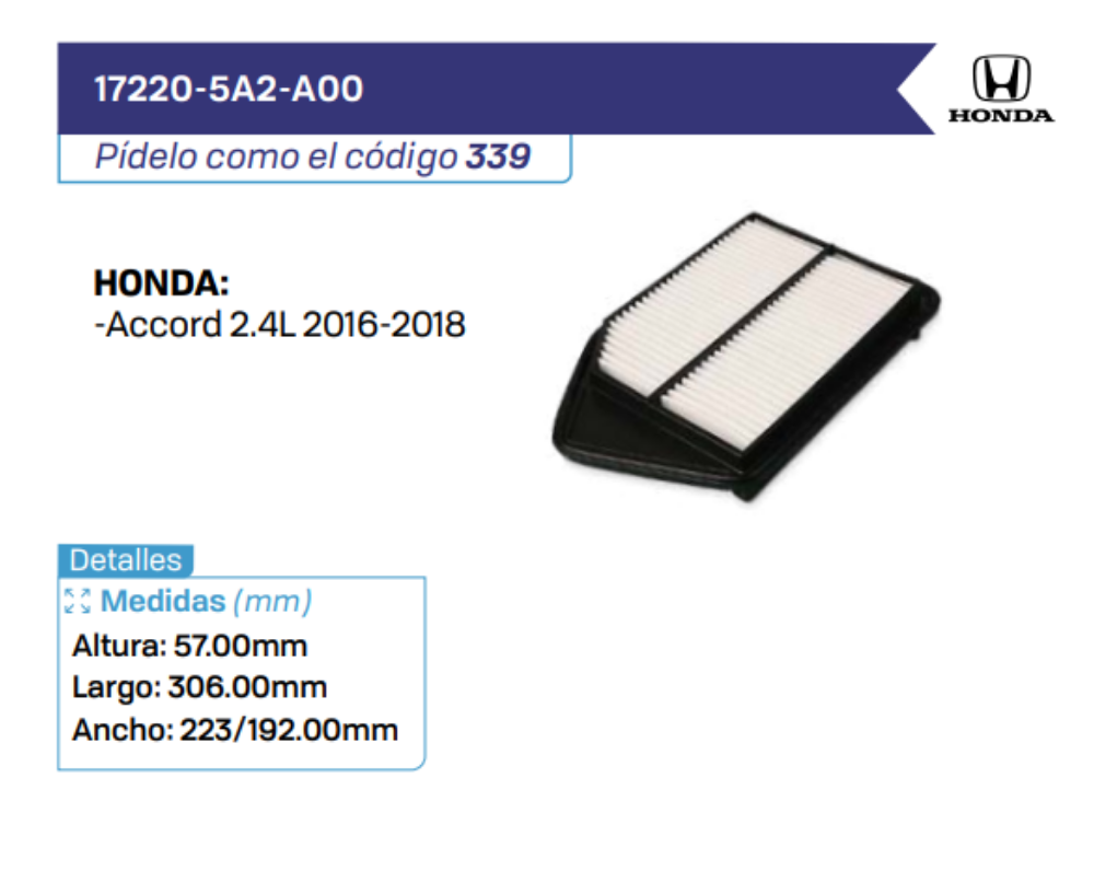 17220-5A2-A00 Filtros de Aire HONDA