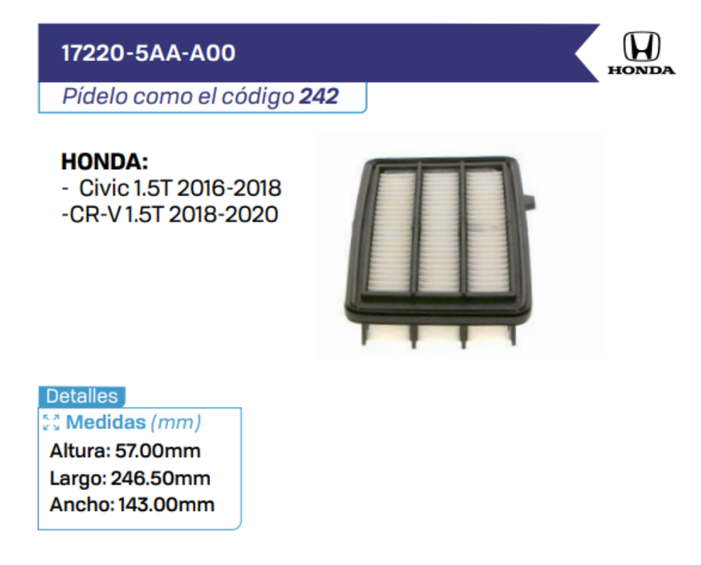17220-5AA-A00 Filtros de Aire HONDA