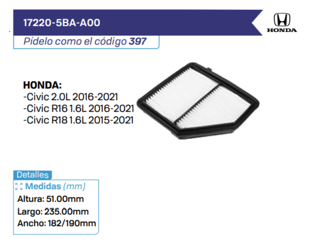 17220-5BA-A00 Filtros de Aire HONDA