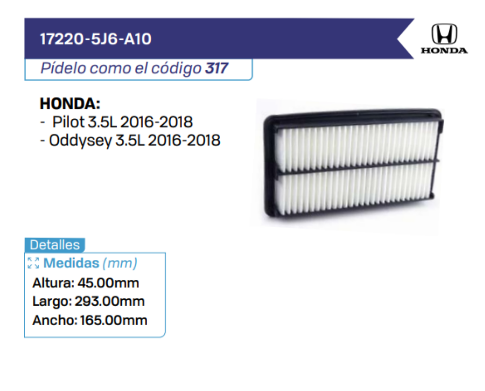 17220-5J6-A10 Filtros de Aire HONDA