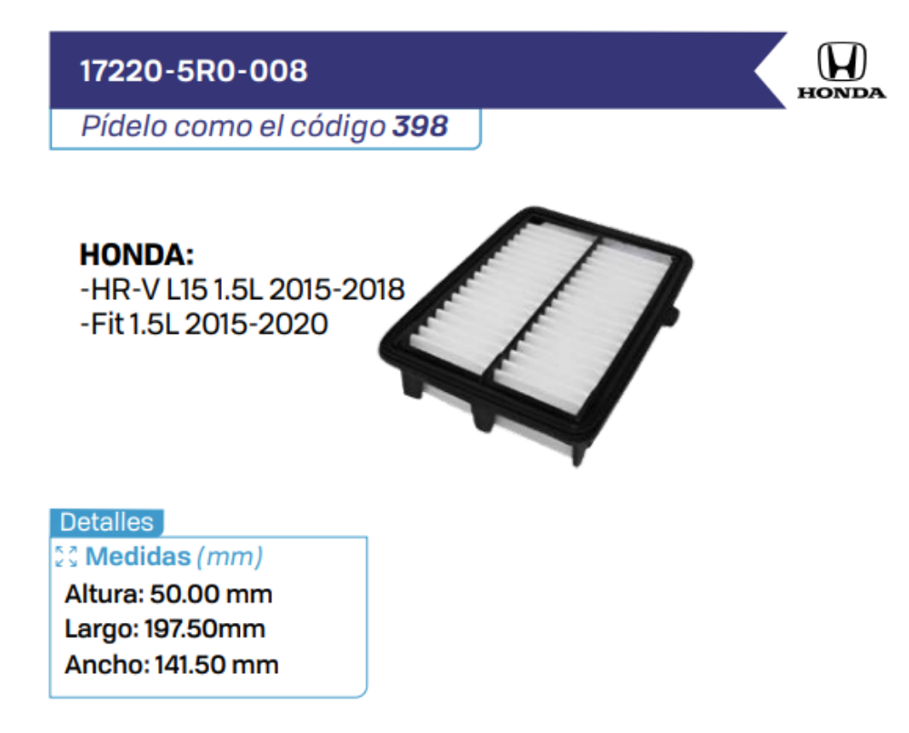 17220-5R0-008 Filtros de Aire HONDA
