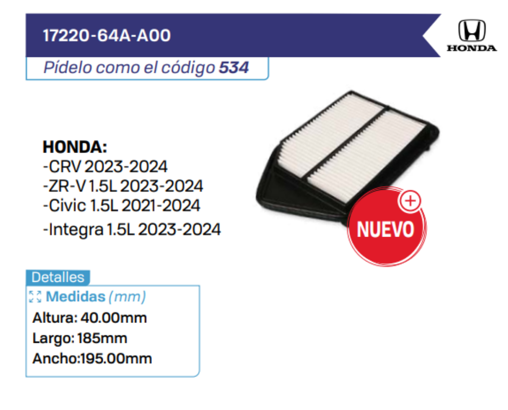 17220-64A-A00 Filtros de Aire HONDA