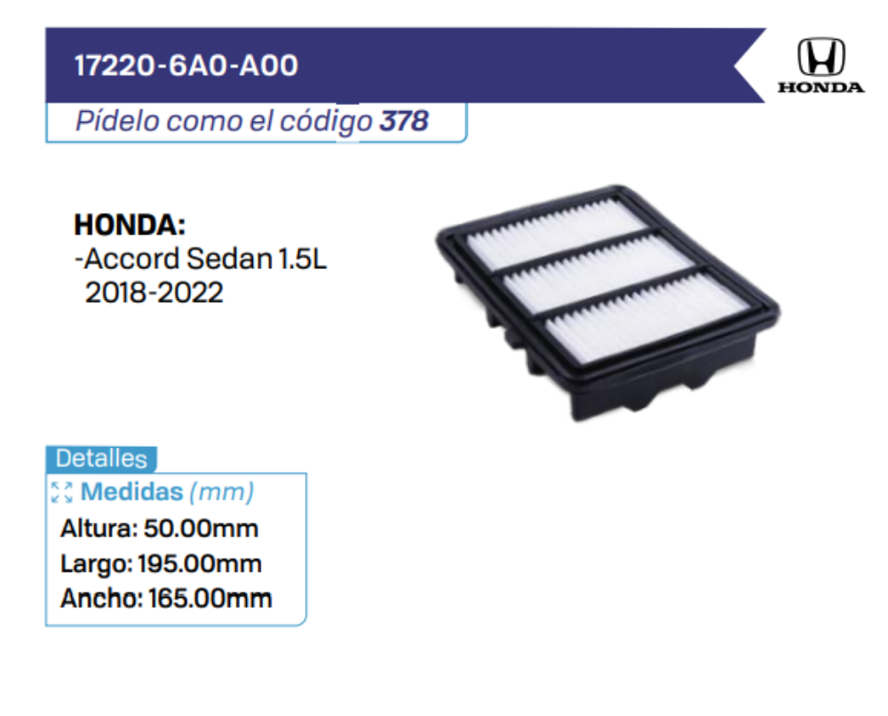 17220-6A0-A00 Filtros de Aire HONDA