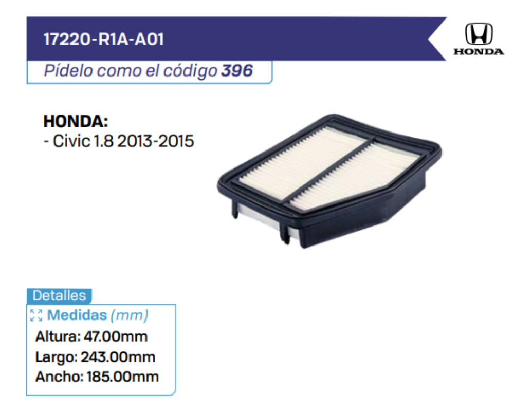 17220-R1A-A01 Filtros de Aire HONDA