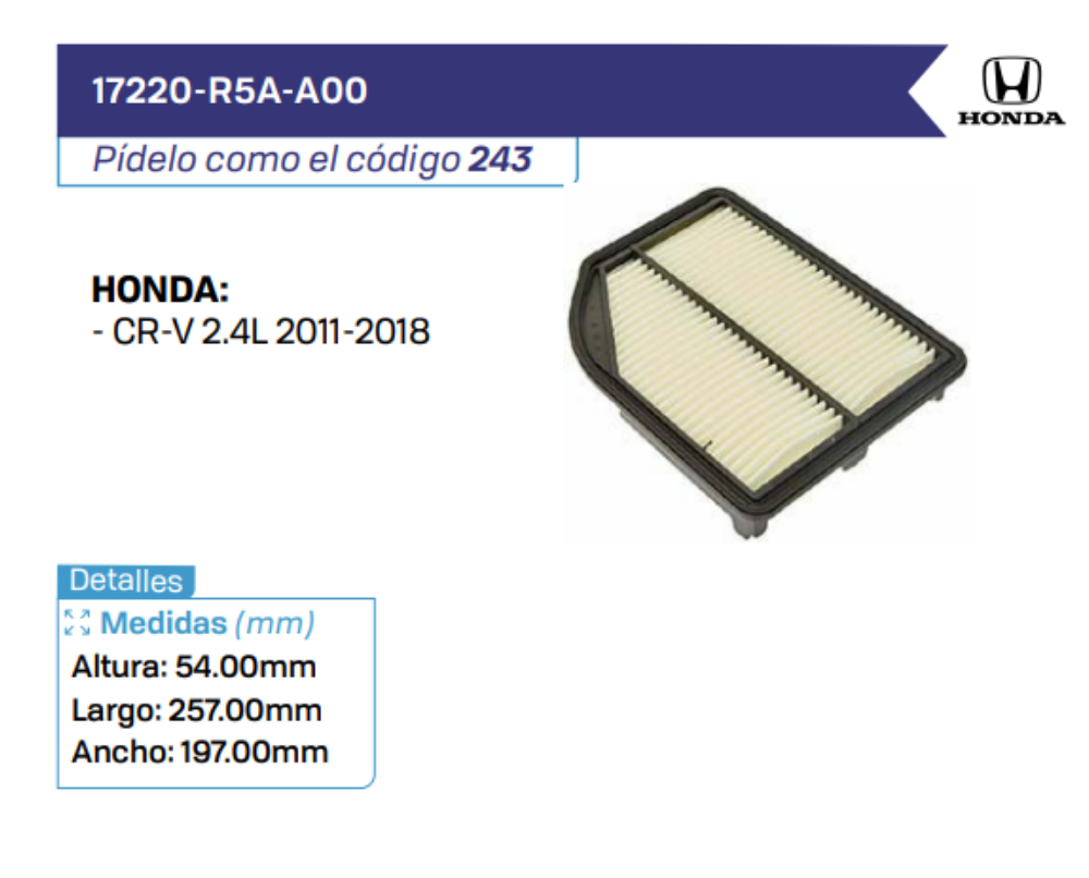 17220-R5A-A00 Filtros de Aire HONDA