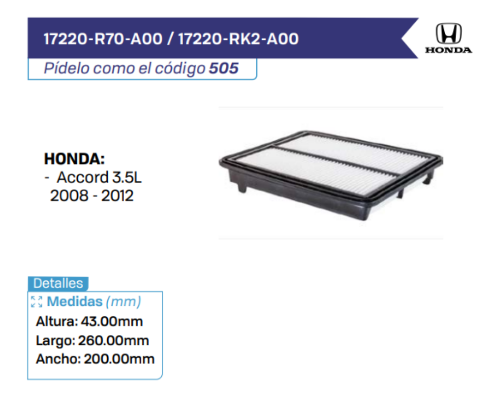 17220-R70-A00 _ 17220-RK2-A00 Filtros de Aire HONDA