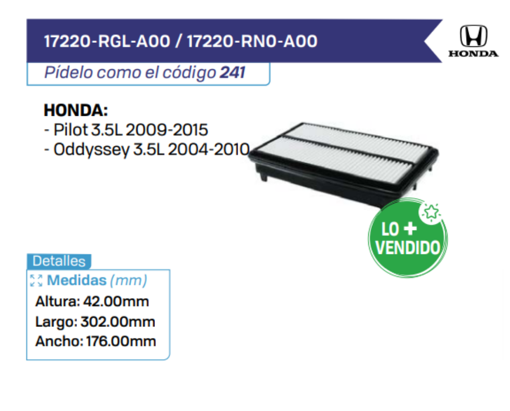 17220-RGL-A00 _ 17220-RN0-A00 Filtros de Aire HONDA