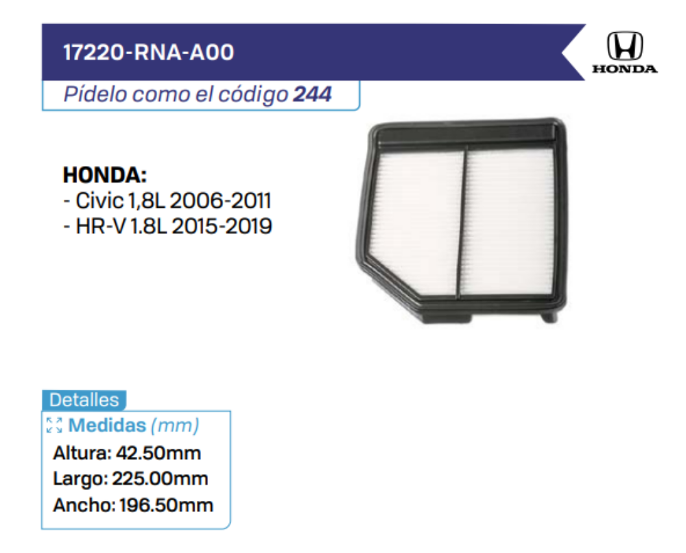 17220-RNA-A00 Filtros de Aire HONDA
