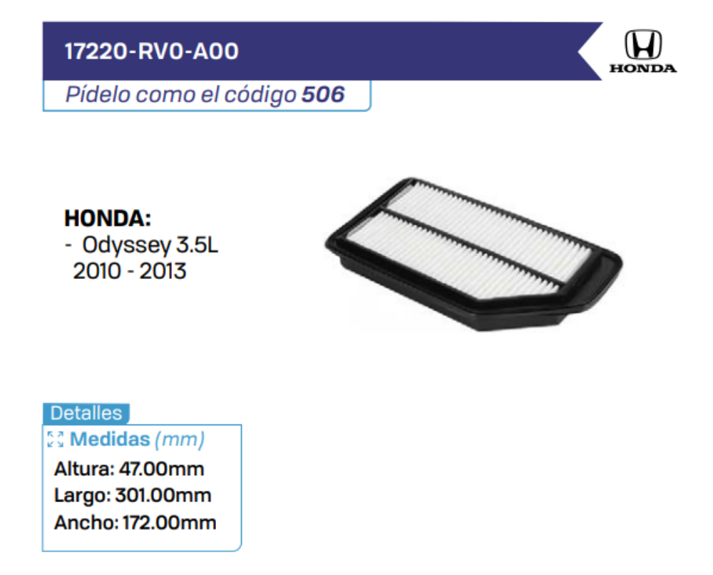 17220-RV0-A00 Filtros de Aire HONDA