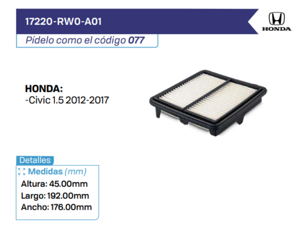 17220-RW0-A01 Filtros de Aire HONDA