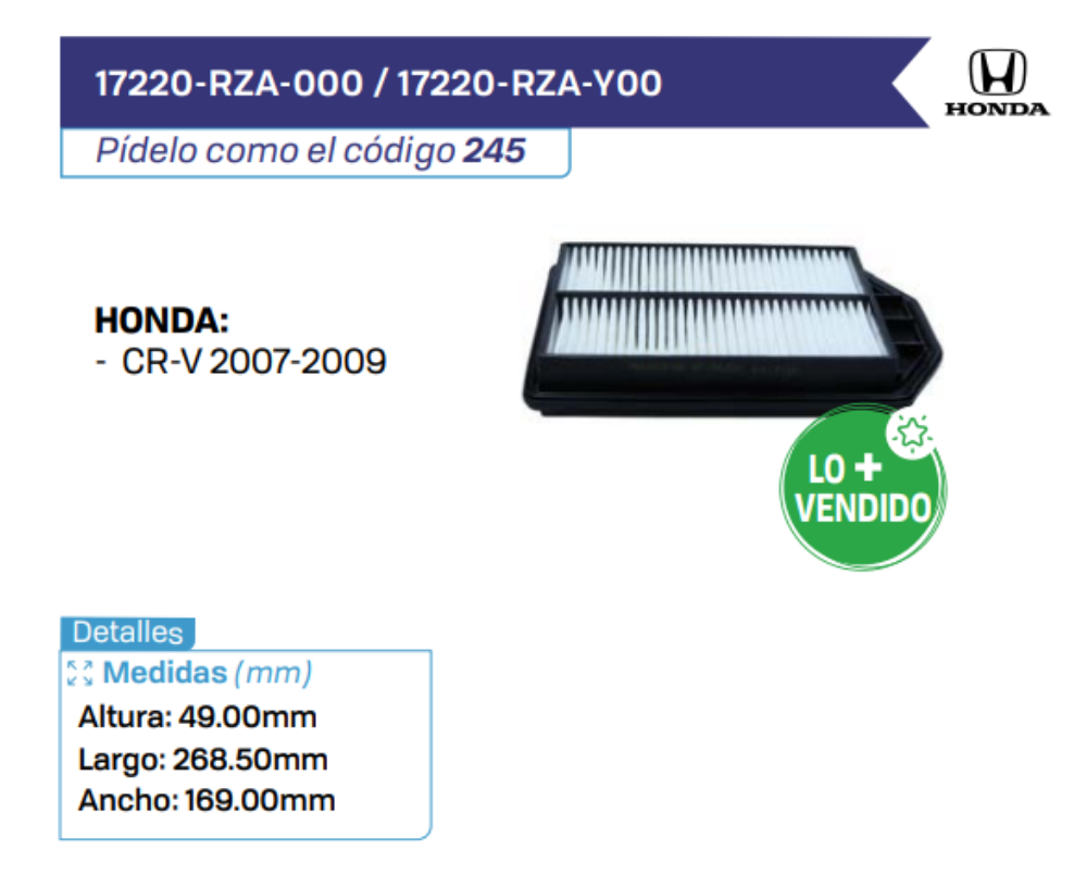 17220-RZA-000 _ 17220-RZA-Y00 Filtros de Aire HONDA