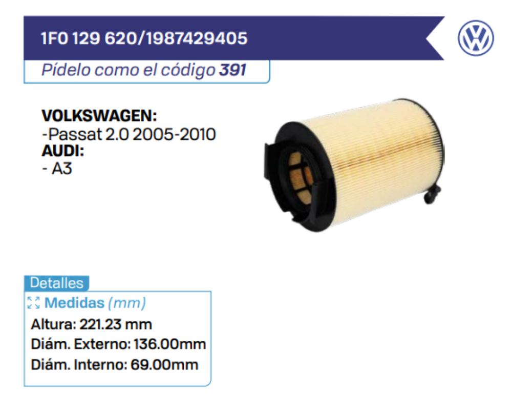 1F0 129 620_1987429405 Filtros de Aire VOLKSWAGEN - AUDI