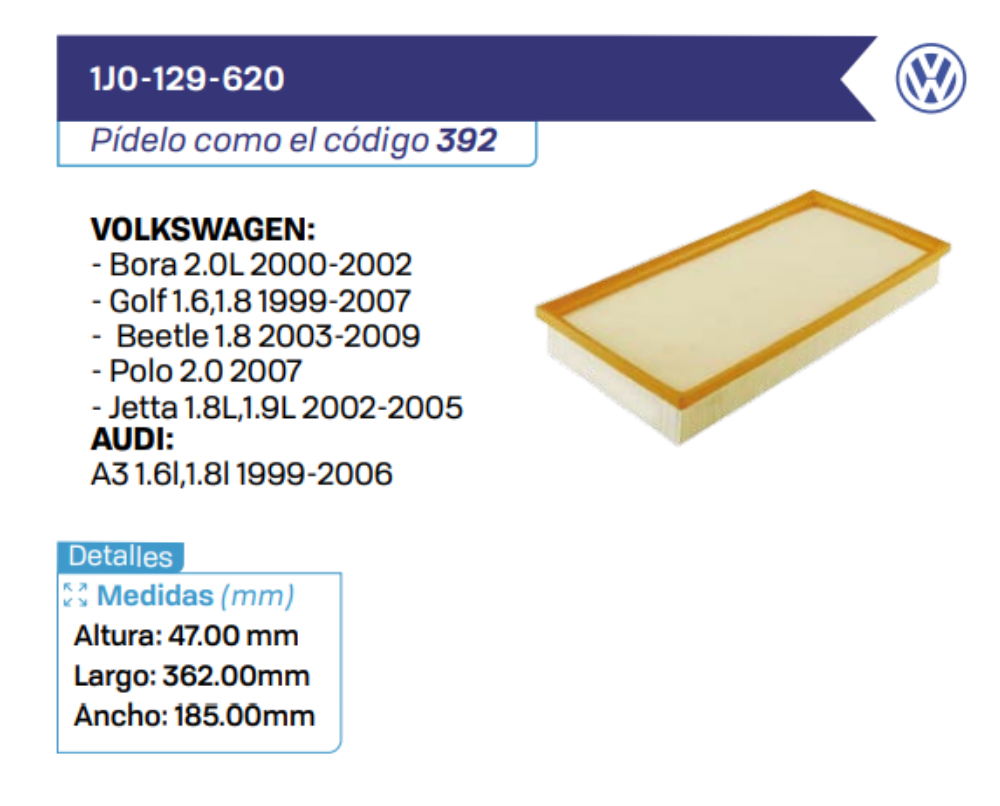 1J0-129-620 Filtros de Aire VOLKSWAGEN - AUDI