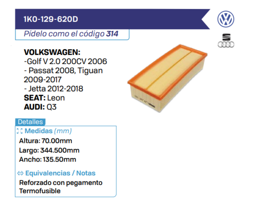 1K0-129-620D Filtros de Aire VOLKSWAGEN - SEAT - AUDI