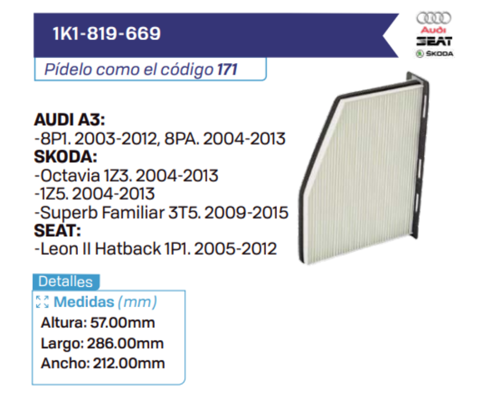 1K1-819-669 Filtros de cabina AUDI A3 - SKODA - SEAT