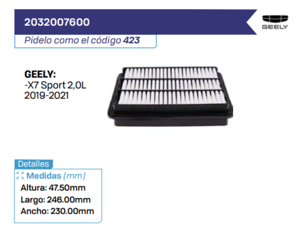 2032007600 Filtros de aire GEELY