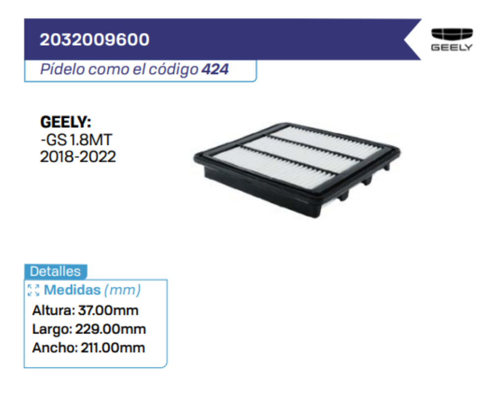 2032009600 Filtros de aire GEELY