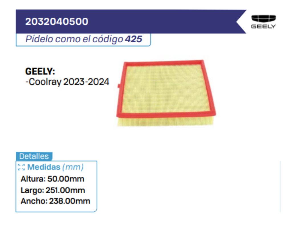 2032040500 Filtros de aire GEELY