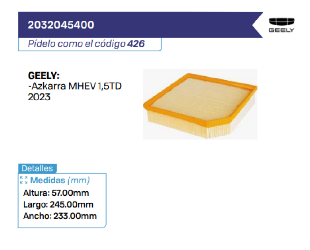 2032045400 Filtros de aire GEELY