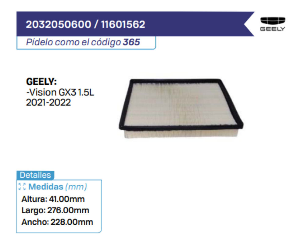2032050600 _ 11601562 Filtros de aire GEELY