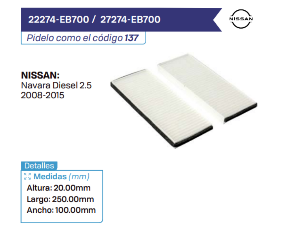22274-EB700 _ 27274-EB700 Filtros de cabina NISSAN