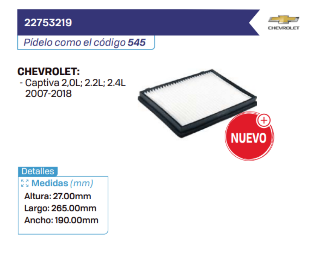 22753219 Filtros de cabina CHEVROLET