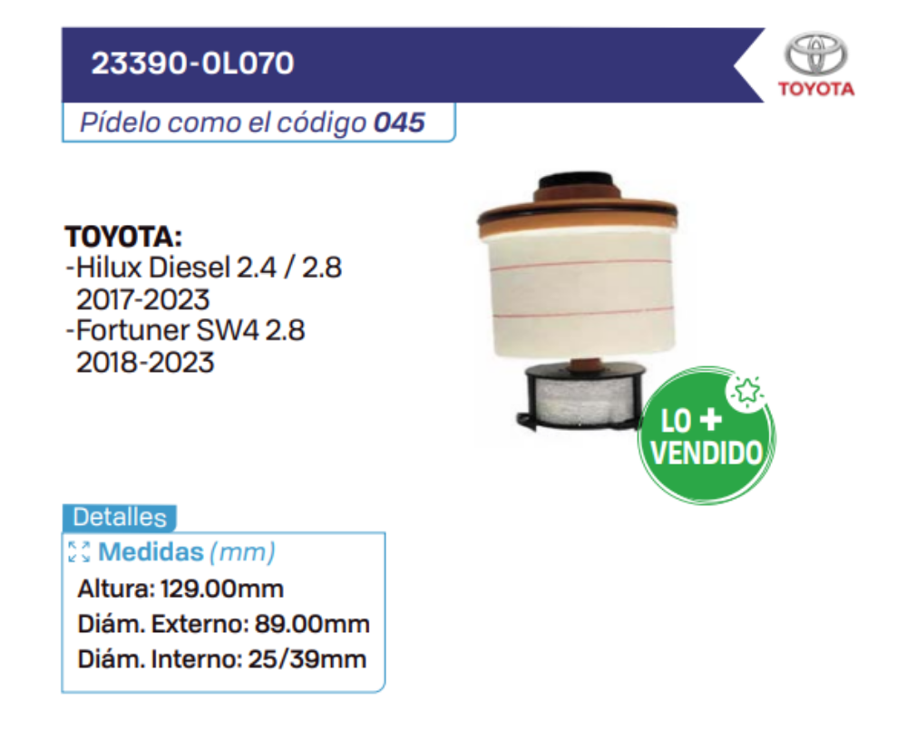 23390-0L070 Filtros de petróleo TOYOTA
