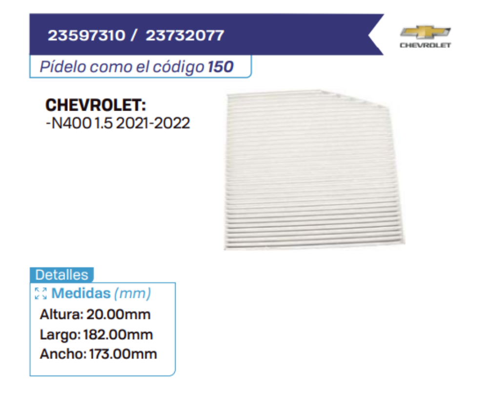 23597310 _ 23732077 Filtros de cabina CHEVROLET