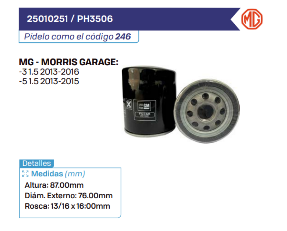 25010251 _ PH3506 Filtros de aceite MG - MORRIS GARAGE