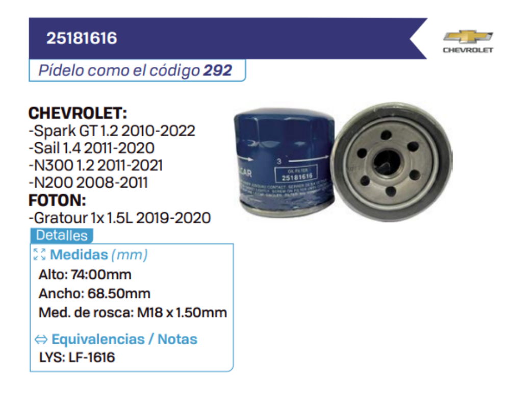 25181616 Filtros de aceite CHEVROLET - FOTON