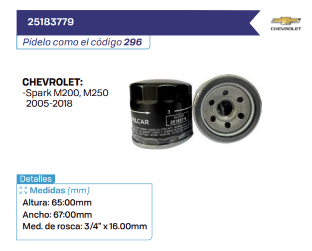 25183779 Filtros de aceite CHEVROLET