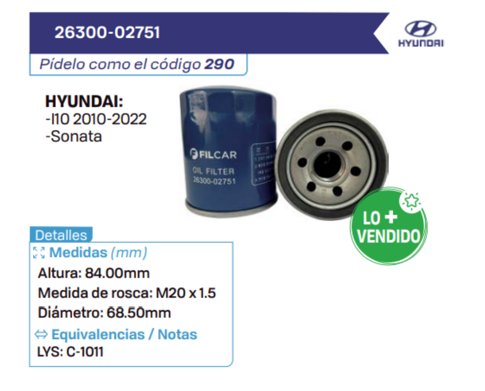 26300-02751 Filtros de aceite HYUNDAI