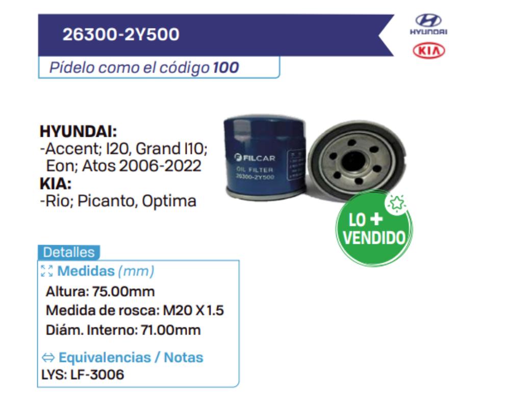 26300-2Y500 Filtros de aceite HYUNDAI - KIA