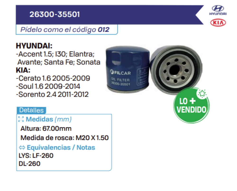 26300-35501 Filtros de aceite HYUNDAI - KIA